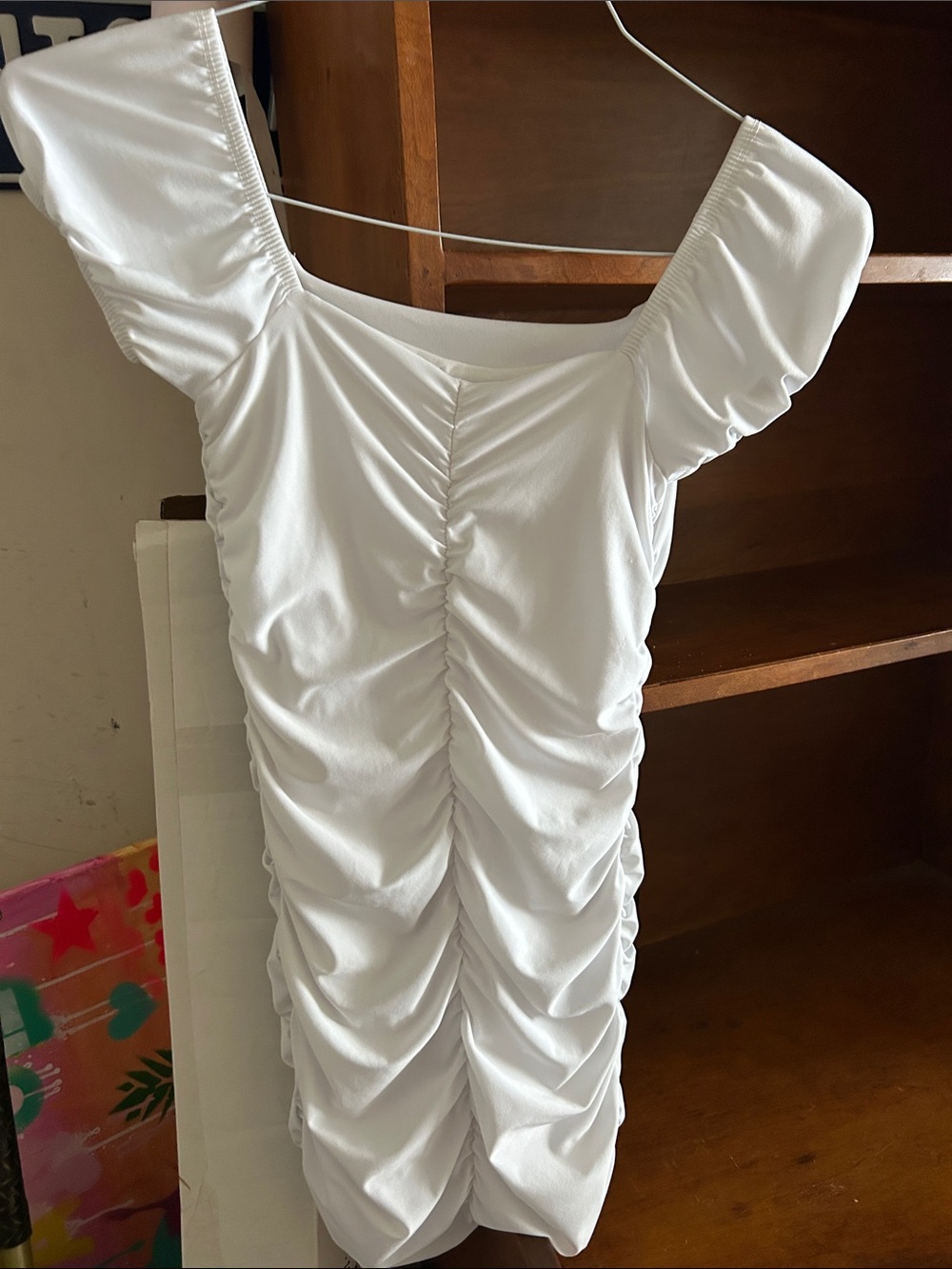 Girls White Ruched Off-Shoulder Mini Dress
